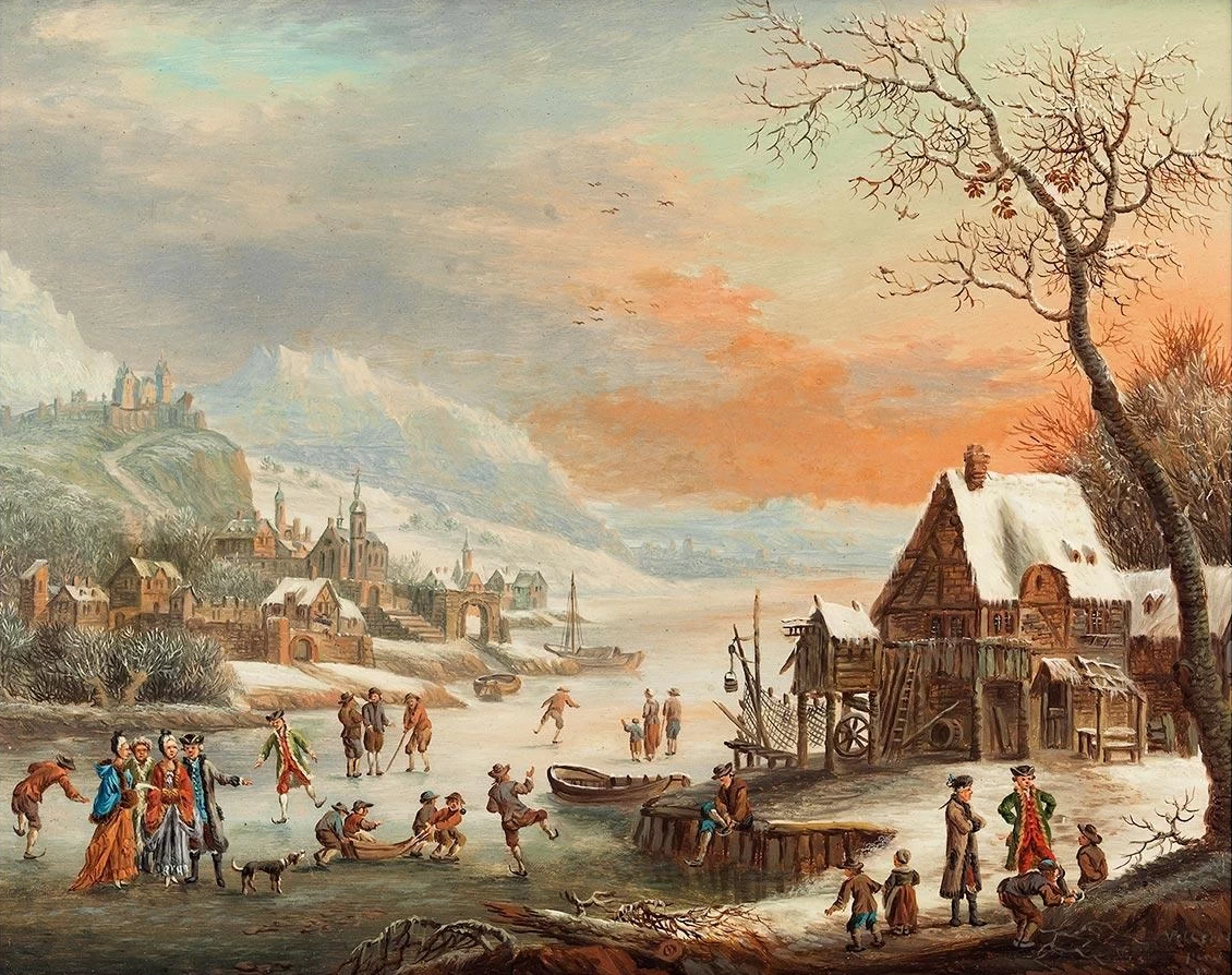 Johann Christian Vollerdt - Paesaggio fluviale in inverno con pattinatori